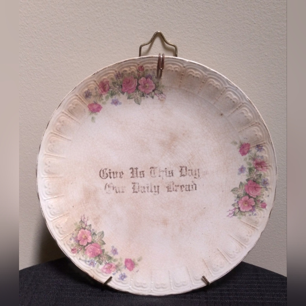 Vintage "Give Us This Day Our Daily Bread" Decorative Plate with pink roses